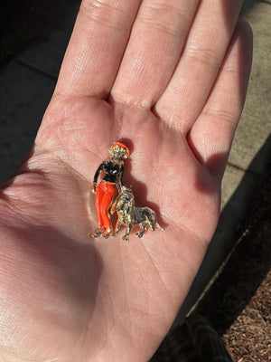 Vintage Gold Tone Halloween Color Dog Walker Long Haired Dog Enamel Pin