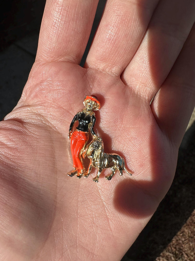 Vintage Gold Tone Halloween Color Dog Walker Long Haired Dog Enamel Pin
