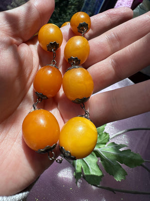 Vintage Super Rare USSR Sterling Silver Plated Gold Egg Yolk Butterscotch Beaded Necklace