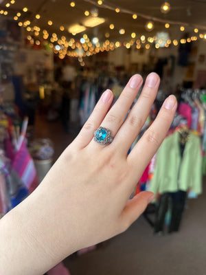 Victorian Blue Topaz Sterling Silver Floral Filigree Ring – Size 6