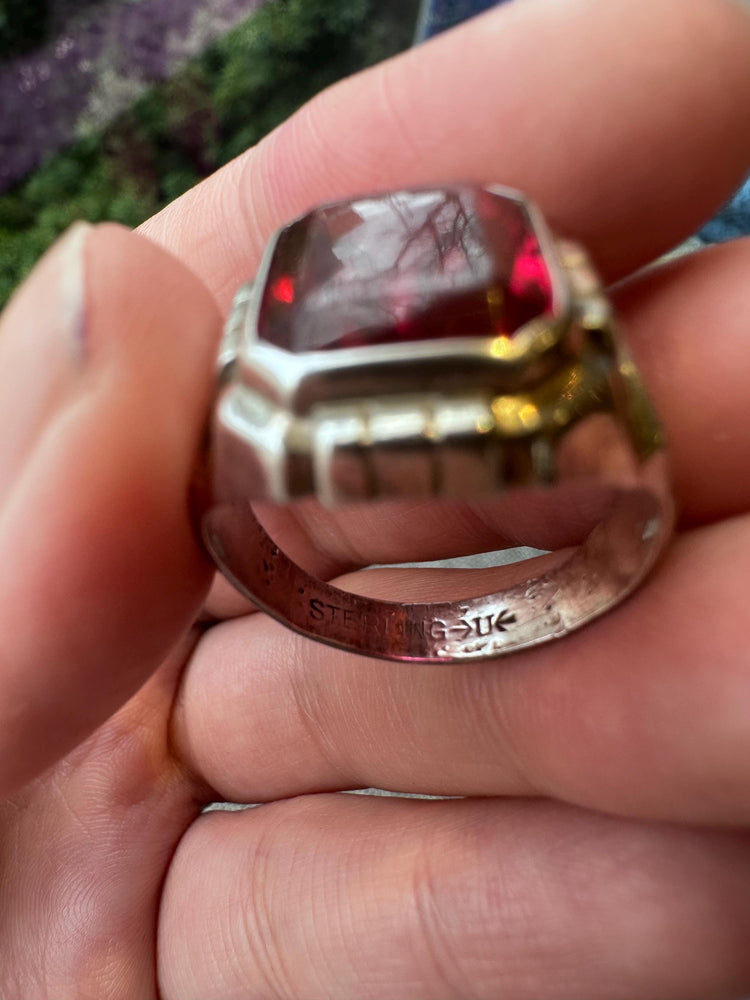 Vintage MCM Sterling Silver Uncas Men's Ring with Large Red Stone – Size 9