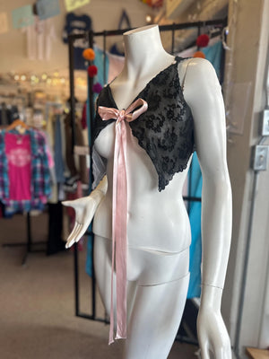 1950s/60s Vintage Eyeful Black Lace Lingerie Capelet Top – Pink Bow Detail (Sz S/M)