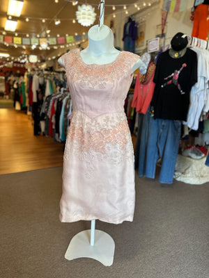 Vintage 1950's Mid Size Size 12-14 Large Pink Formal Dress with Adornments and sequins AS IS