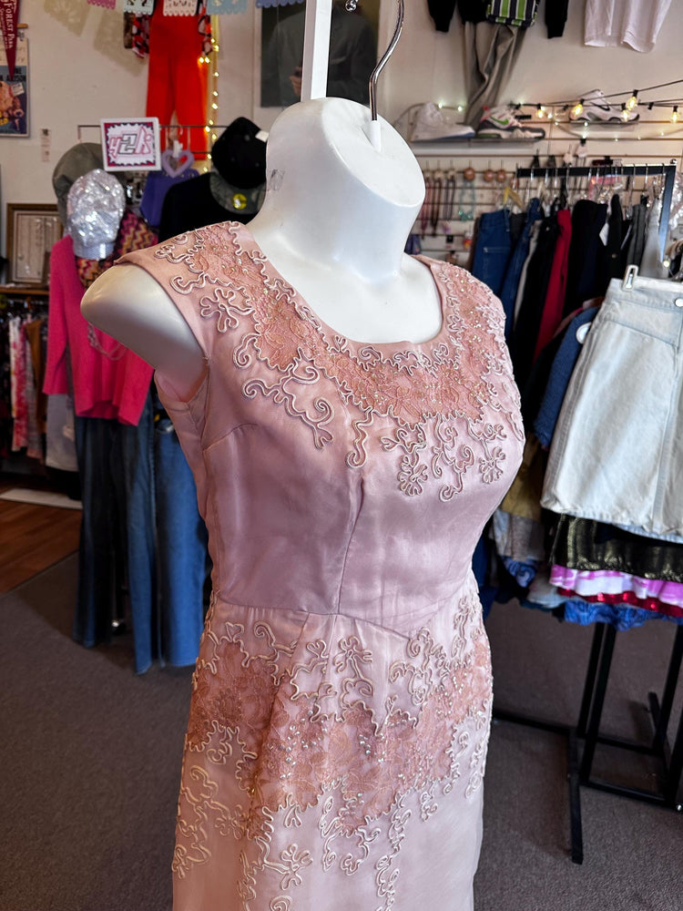 Vintage 1950's Mid Size Size 12-14 Large Pink Formal Dress with Adornments and sequins AS IS