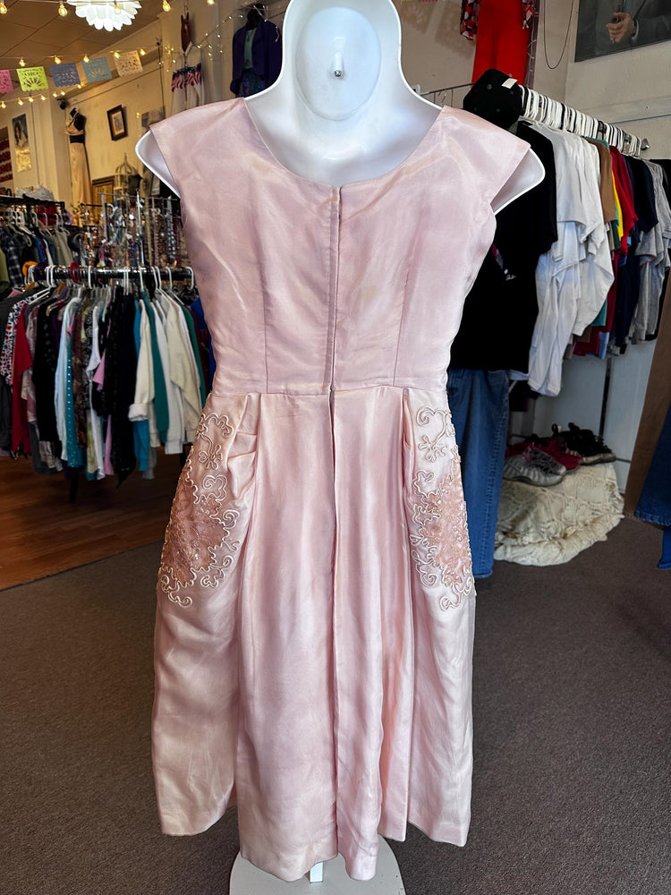 Vintage 1950's Mid Size Size 12-14 Large Pink Formal Dress with Adornments and sequins AS IS