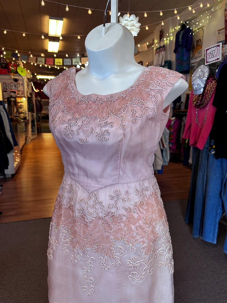 Vintage 1950's Mid Size Size 12-14 Large Pink Formal Dress with Adornments and sequins AS IS