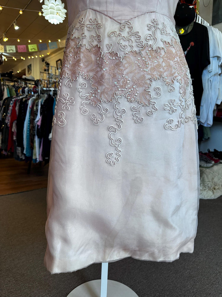 Vintage 1950's Mid Size Size 12-14 Large Pink Formal Dress with Adornments and sequins AS IS