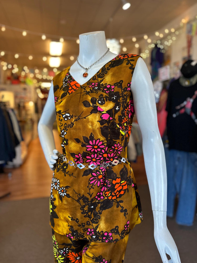 1970's RARE Women's Two Piece Disco Groovy Floral Tunic and Flare Pants VINTAGE size Small