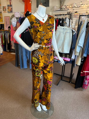 1970's RARE Women's Two Piece Disco Groovy Floral Tunic and Flare Pants VINTAGE size Small