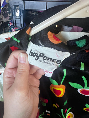 Early 1970's Groovy Hay Pence Polyester Geometric Fruit Little Black A-Line Dress