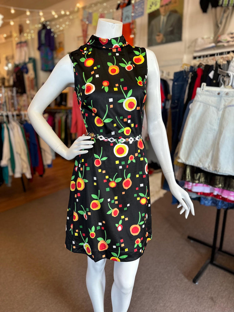 Early 1970's Groovy Hay Pence Polyester Geometric Fruit Little Black A-Line Dress