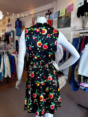 Early 1970's Groovy Hay Pence Polyester Geometric Fruit Little Black A-Line Dress