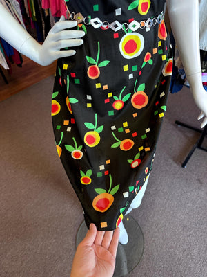 Early 1970's Groovy Hay Pence Polyester Geometric Fruit Little Black A-Line Dress