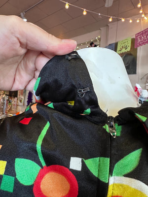 Early 1970's Groovy Hay Pence Polyester Geometric Fruit Little Black A-Line Dress