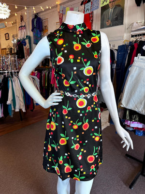 Early 1970's Groovy Hay Pence Polyester Geometric Fruit Little Black A-Line Dress