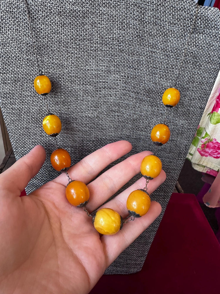 Vintage Super Rare USSR Sterling Silver Plated Gold Egg Yolk Butterscotch Beaded Necklace