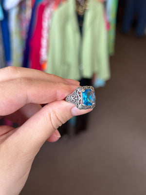Victorian Blue Topaz Sterling Silver Floral Filigree Ring – Size 6