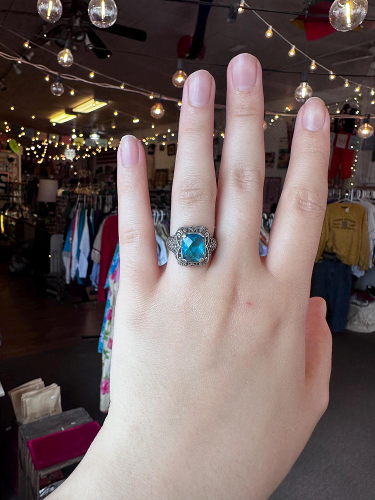 Victorian Blue Topaz Sterling Silver Floral Filigree Ring – Size 6