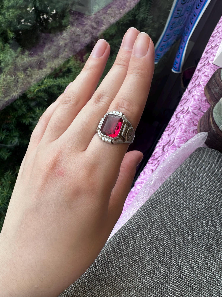 Vintage MCM Sterling Silver Uncas Men's Ring with Large Red Stone – Size 9