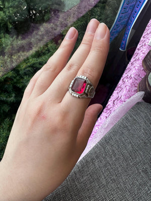 Vintage MCM Sterling Silver Uncas Men's Ring with Large Red Stone – Size 9
