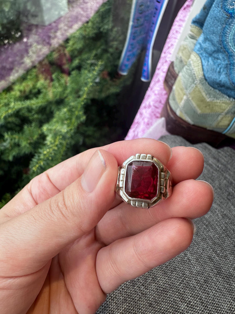 Vintage MCM Sterling Silver Uncas Men's Ring with Large Red Stone – Size 9