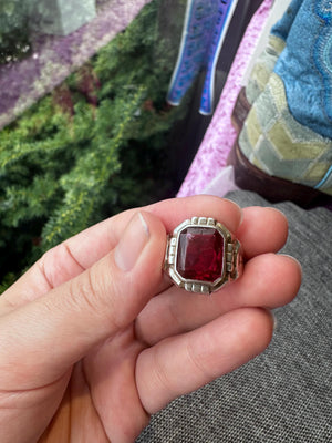 Vintage MCM Sterling Silver Uncas Men's Ring with Large Red Stone – Size 9
