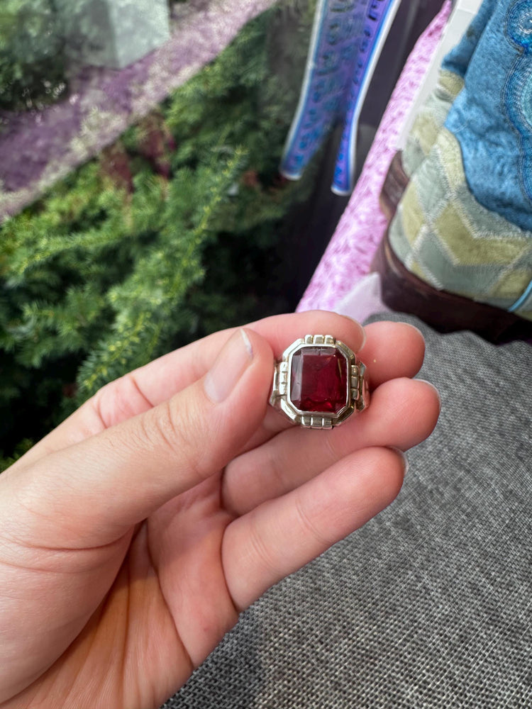 Vintage MCM Sterling Silver Uncas Men's Ring with Large Red Stone – Size 9