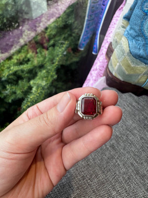 Vintage MCM Sterling Silver Uncas Men's Ring with Large Red Stone – Size 9