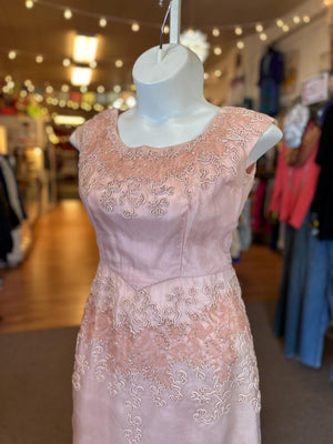Vintage 1950's Mid Size Size 12-14 Large Pink Formal Dress with Adornments and sequins AS IS