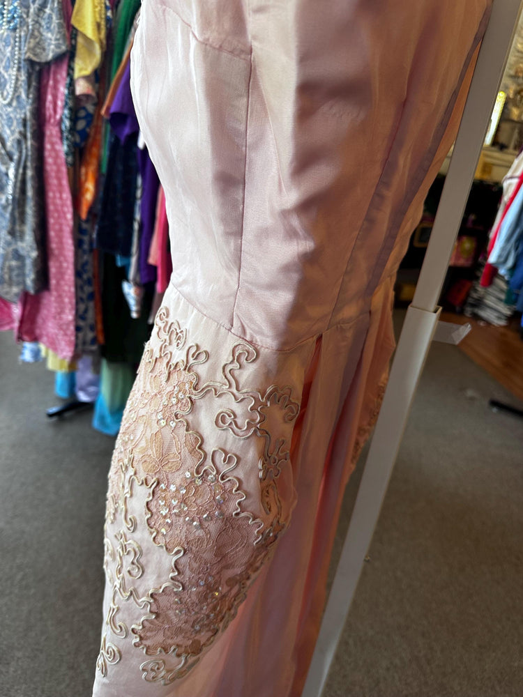Vintage 1950's Mid Size Size 12-14 Large Pink Formal Dress with Adornments and sequins AS IS