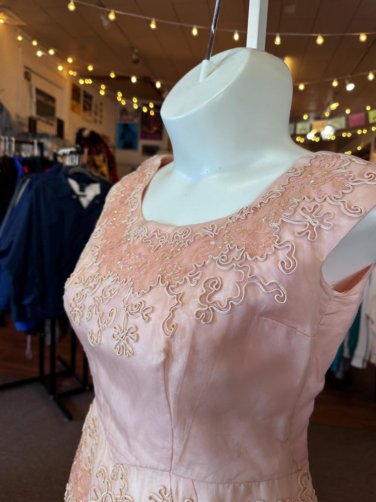 Vintage 1950's Mid Size Size 12-14 Large Pink Formal Dress with Adornments and sequins AS IS