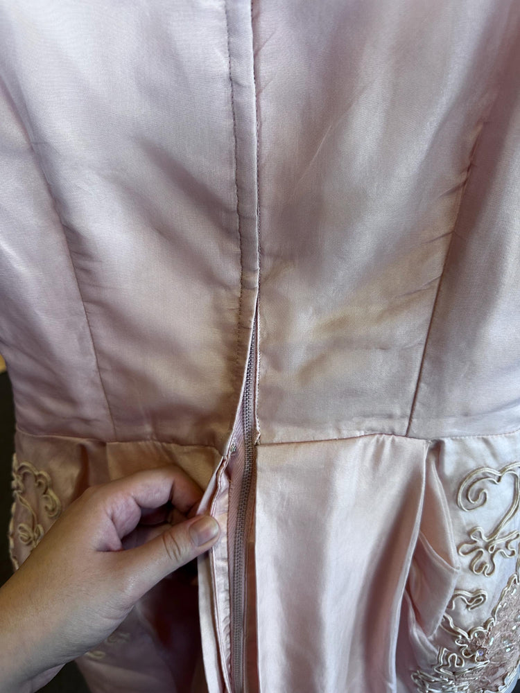 Vintage 1950's Mid Size Size 12-14 Large Pink Formal Dress with Adornments and sequins AS IS