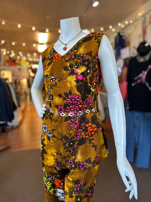 1970's RARE Women's Two Piece Disco Groovy Floral Tunic and Flare Pants VINTAGE size Small