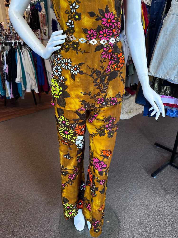 1970's RARE Women's Two Piece Disco Groovy Floral Tunic and Flare Pants VINTAGE size Small