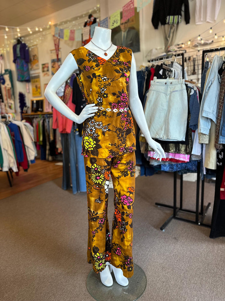 1970's RARE Women's Two Piece Disco Groovy Floral Tunic and Flare Pants VINTAGE size Small