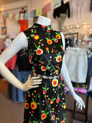 Early 1970's Groovy Hay Pence Polyester Geometric Fruit Little Black A-Line Dress