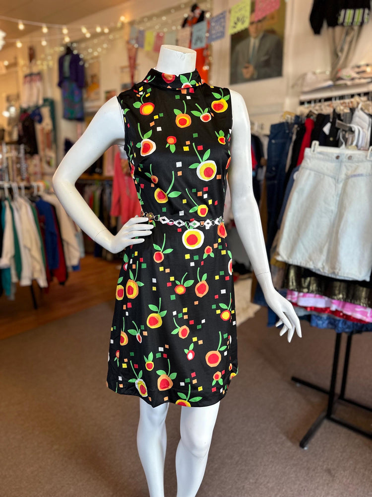 Early 1970's Groovy Hay Pence Polyester Geometric Fruit Little Black A-Line Dress