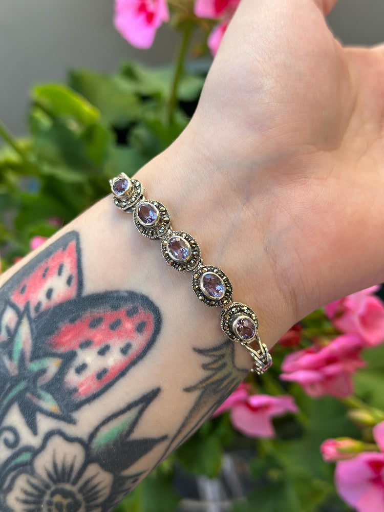 Art Deco Amethyst and Marcasite Bracelet stamped sterling silver