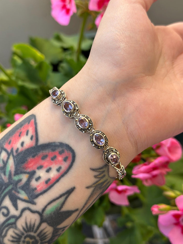 Art Deco Amethyst and Marcasite Bracelet stamped sterling silver