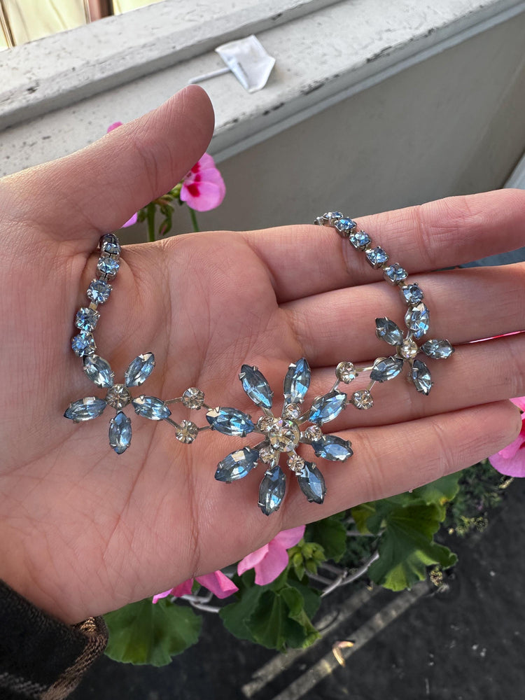 Vintage Hollywood Regency Blue Rhinestone Crystal Flower Necklace and Clip On Earrings Set