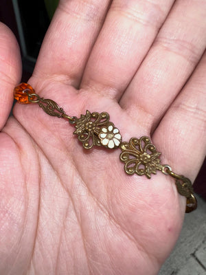 Beautiful Vintage Art Nouveau Filligree Enamel Flowers and Amber colored Beaded Necklace