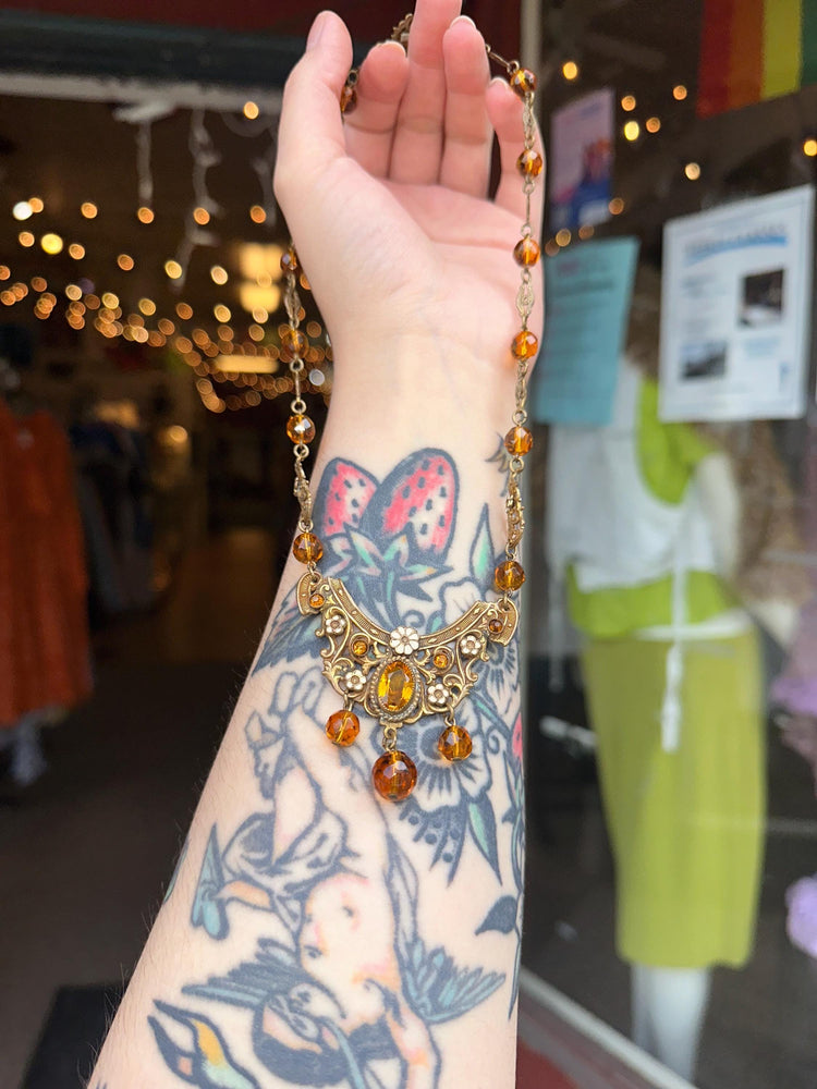 Beautiful Vintage Art Nouveau Filligree Enamel Flowers and Amber colored Beaded Necklace