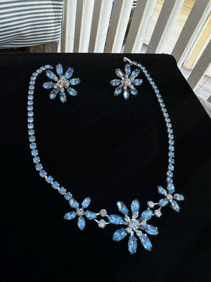 Vintage Hollywood Regency Blue Rhinestone Crystal Flower Necklace and Clip On Earrings Set