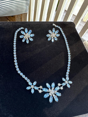 Vintage Hollywood Regency Blue Rhinestone Crystal Flower Necklace and Clip On Earrings Set