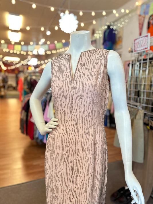 Vintage Moiré-Inspired Beaded Dress – Size S/M