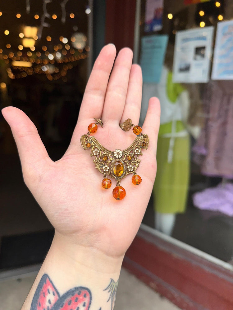 Beautiful Vintage Art Nouveau Filligree Enamel Flowers and Amber colored Beaded Necklace