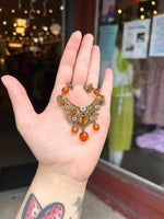 Beautiful Vintage Art Nouveau Filligree Enamel Flowers and Amber colored Beaded Necklace