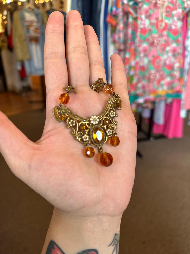 Beautiful Vintage Art Nouveau Filligree Enamel Flowers and Amber colored Beaded Necklace