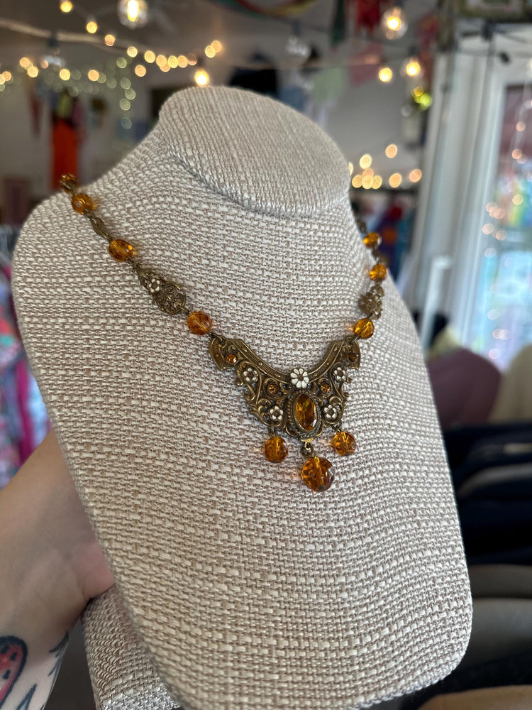 Beautiful Vintage Art Nouveau Filligree Enamel Flowers and Amber colored Beaded Necklace