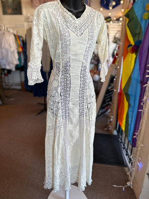 Antique Edwardian Crocheted Lace Cotton Tea Summer Bridal Gauzy Dress XXS/XS